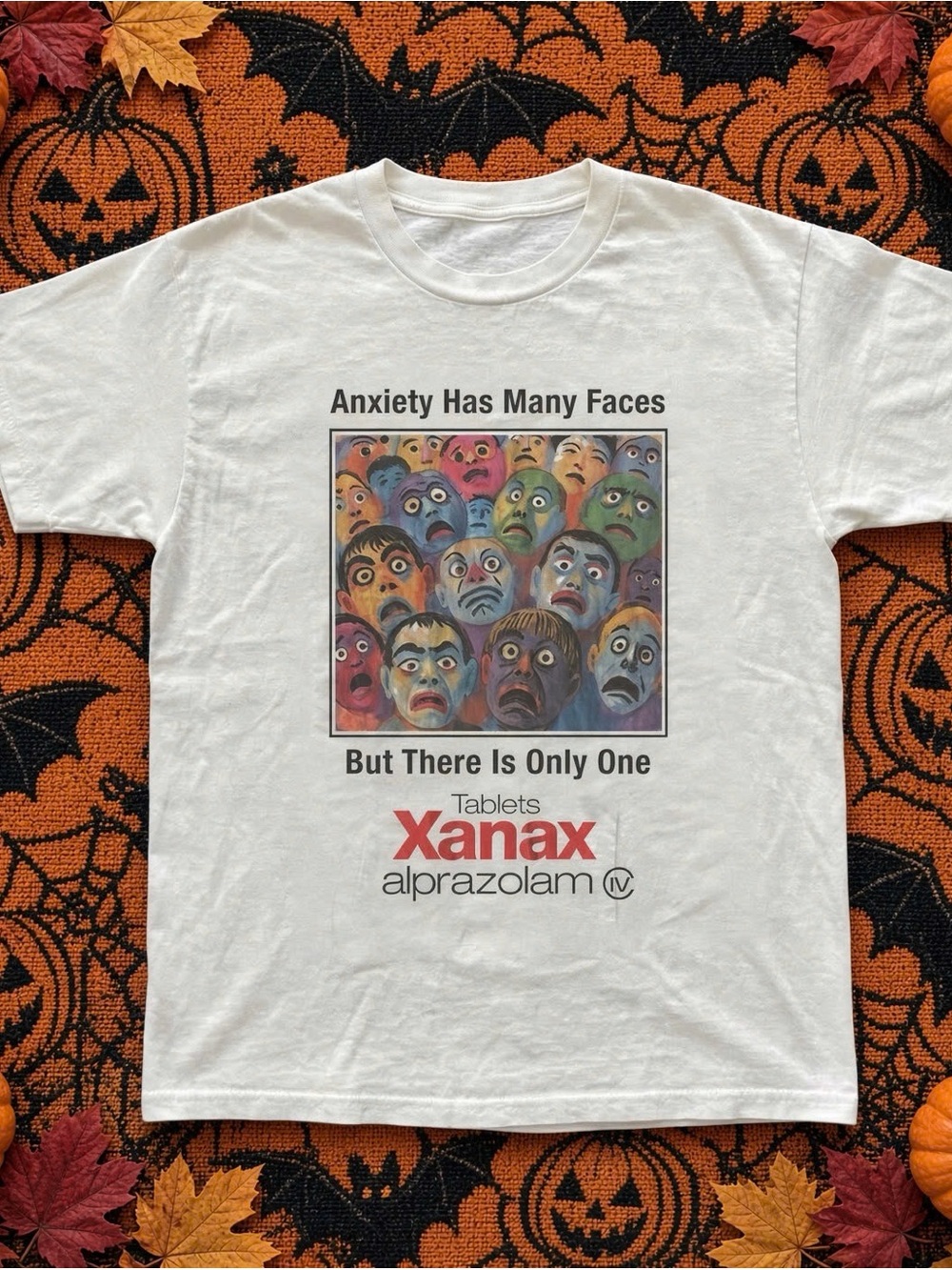 Gildan White Xanax Graphic Tee with Multicolor Faces
